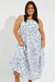 Blue Abstract Maxidress Shirred Back Tiered