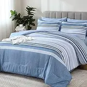 Dobuyly Light Blue Comforter Set King Size 7 Pieces, Boho Striped King Bed in a Bag Soft Lightweight Microfiber Bedding Sets for All Season