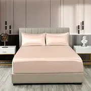 Royal Comfort Sheet Set Satin Polyester, Ultra Soft, Breathable, Silky Smooth, 1 x Fitted Sheet, 2 x Pillowcases(3 Pcs, King, Champagne Pink)