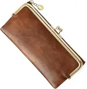 [BAYITIONE] Vintage Wallets for Women Large Bifold Wallet Kiss Lock Wallet for Women Leather Clutch Purse Zipper Coin Wallet, A03 Brown, Retro Vintage