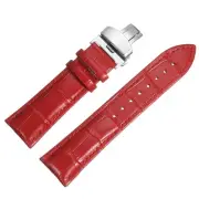 Leather Band Deployment Buckle Watch Strap 23mm Leather Strap, Red/Silver