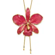Fashion 24K Gold-Trim Lacquer Dipped Fuchsia Real Cattleya Orchid Slip-On Adjustable Gold-Tone Necklace