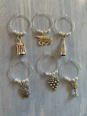 Wine Theme Glass Charms Wine Lover Set of 6 Glassware Charms with White Pearls