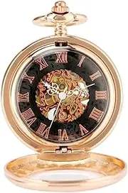 [HONZO] Pocket Watch for Men, Rose Golden Hand-Wind Mechanical Pocket Watches Transparent Glass Cover Pocket Clock Pendant Roman Numerals Dial Watch for Men