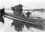 A captured German U-boat submarine U-570 is brought into a Brit- 1942 Old Photo