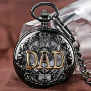 Vintage Golden DAD Hollow Black Hand Winding Mechanical Pocket Watch Chain Gifts