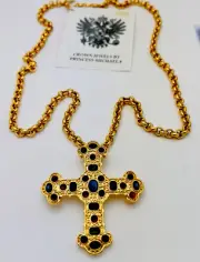 Signed Princess Michaela MVH Vintage New Gold Plated Cabochon Cross Necklace 30”