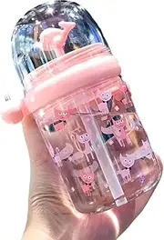 seelucky Pink Cat Whale Spray Water Bottle Sippy Cups Travel Cup with Straw Birthday Party Gift Pink Flamingo Drinking Cup (Pink Cat, 260 ml)