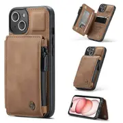For Apple iPhone 15 CaseMe Back Zipper Wallet Case W/ 3 Card Slots, RFID Blocking, 1 Money Pocket, Credit Card Holder Leather Cover (Brown)