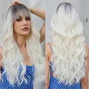 EMMOR Ombre Platinum Blonde Wigs for Women Long Curly Wigs with Fringe Heat Resistant Fibre Synthetic Wigs Daily Natural Looking