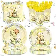 168pcs Classic Winnie Bear Baby Shower Pooh Decorations Bear Birthday Party Plates Napkins Gender Neutral Baby Shower Decoration Tableware Serves 24 Guests