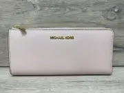 Michael Kors Jet Set Travel Powder Blush 3 QTR zipper Leather Wallet NWT