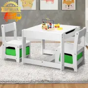 Kids Table & Chair Set 3-in-1 with Storage Basket White Green Playroom Desk