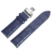 Leather Band Deployment Buckle Watch Strap 24mm Leather Strap, Blue/Silver