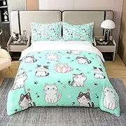 Feelyou Cat Bedding Set for Boys Girls Cats Print Comforter Cover Set Full Cartoon Animals Duvet Cover 100% Cotton Cute Kitten Bedspread Cover Cat Lover Bedding Collection 3Pcs, Green, No Comforter