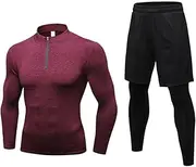 [Abigprofit] High Collar Winter Thermal Underwear Men Long Johns Rashgard Shirt Leggings Warm Compression Underwear Wine Red Set S