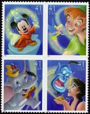 4 DISNEY MAGIC STAMPS: Fantasia Sorcerer's Apprentice, Peter Pan, Dumbo, Aladdin