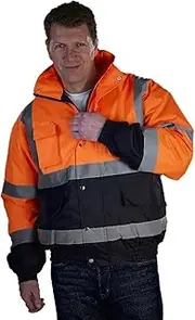 QIULAO High Visibility Reflective Bomber Jacket, Winter Safety Waterproof Workwear,Cotton Lined for Warmth, with Concealable Hood, Complies with EN20471 Class 3 (Color : Orange and Navy Blue, Size