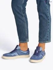Tommy Hilfiger Light Blue 100% Linen High Vulcanised Low Core Chambray Trainers (F54800) | $173