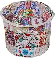 Stylo Culture Indian Footstool Cotton Bohemian Decor Round Stool White Patchwork Embroidered Ottoman Pouf Cover Floral Tuffet Chair 45 cm Floor Cushion Cover Ethnic Decor