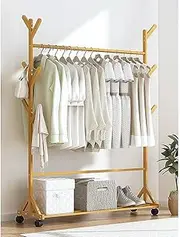 Portable Clothes Rack Coat Garment Stand Bamboo Rail Hanger Airer Closet