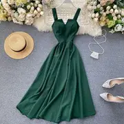Strap Square-Neck Plain Midi A-Line Dress Green - M