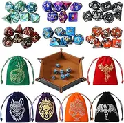 Grajar DND Dice Set, 42 Pcs polyhedral dice Set with 6 Colorful Animal Pattern Dice Bag and PU Leather and Velvet dice Tray for Dungeons and Dragons D&D RPG MTG Table Games