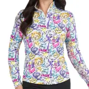 Women's IBKUL Mock Long Sleeve Zip Top - Angie Print - Hot Pink Multi XS