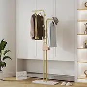 medla Metal Coat Rack Stand: Double Pole Clothing Rack with Marble Base Free Standing Coat Hanger Stand Gold Garment Rack Hat Stand with 5 Hooks for Entryway Living Room Bedroom Office