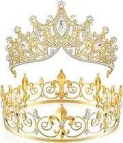 Junkin 2 Pcs Crowns for Men Women Baroque Queen Crown King Prince Tiara Princess Crystal Headband Rhinestone Prom Party