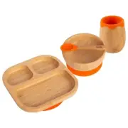 4pc Tiny Dining Orange Divided Bamboo Baby Feeding Set Weaning Plate Bowl Spoon