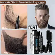 Rhafayre 2pcs Men Beard Fill Pen Kit Waterproof Salon Hair Engraving Styling Eyebrow Brush Tool brown