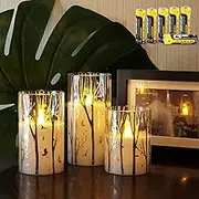 Rhytsing Birch Design Glass Battery Operated LED Candles with Timer, Flameless Pillar Candles Spring & Summer Decor, Batteries Included - Set of 3