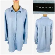 Tahari Womens XL Top Tunic Blue 100% Linen Essentials Button Front Casual NWT