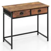 Compact Home Office Desk with Dual Fabric Drawers and Hooks - Rustic Brown