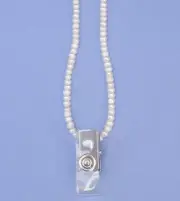White fresh water pearl id badge necklace lanyard with strap clip BDG040001