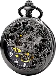 [TREEWETO] Mechanical Pocket Watch Dream Dragon Skeleton Half Hunter Double Open Silver/Bronze/Black Case