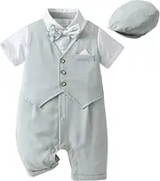[Tiepant] ﻿ Baby Boy Gentleman Suit Tuxedo, One-Piece Romper & Fake Vest & Beret & Bowtie (0-24 Months)