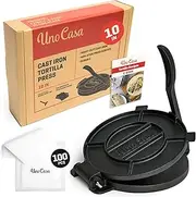 Uno Casa Cast Iron 10 Inch Tortilla Press - Roti and Tortilla Maker - Bonus 100 Pcs Parchment Paper - Pataconera for Flour Tortilla, Roti, Tawa or Dosa