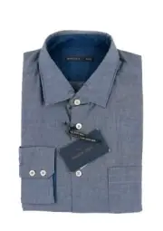 $260 NWT MASONS JEANS Solid Blue Cotton Spread Collar Button-Up Dress Shirt 16 L