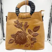 Women Light Brown Leather Tooled Handbag Shoulder Bag