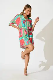 Raya Shirt Dress 3/4 Sleeve in multicolor Multi with Green Patchwork Print 8