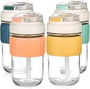 4PCS Glass Cups with Lids and Straws, Portable Iced Coffee Glasses, Glass Tumbler with Silicone Sleeve, Drinking Water Bottle for Travel(Yellow, Blue, Orange, Green) (Multi)