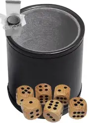 (6) Real Wood 16mm Dice + Black PU Leather Grey Felt Lined Dice Cup Sealed Box