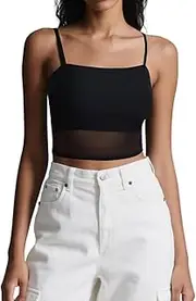[Qwrqwr] Women's Mesh Tank Top Sleeveless Adjustable Spaghetti Straps Slim Fit Camisole Black