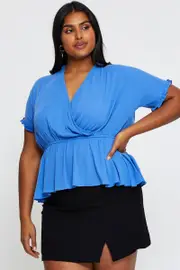 Blue Peplum Top Azure Short Sleeve Wrap Waist