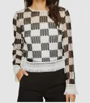 $290 Nicole Miller Women's Black White Checkerboard Breezy Pullover Top Size M