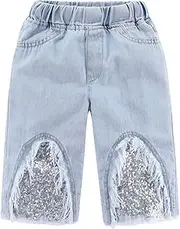 [Mud Kingdom] Girls Denim Capri Shorts Sparkly Sequin Fashion Wide Leg 2-7Y Ripped, White, 5 Years