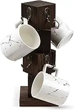 PUERSI Coffee Mug Holder for Counter, Rustic Solid Wood Mug Tree, Farmhouse Wooden Coffee Cup Rack, Distressed Mug Stand with 8 Hooks (Rustic Brown)