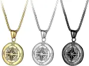 [xuanhang] 3Pack Set Unisex Stainless Steel Compass Pendant Necklace for Men Women,Titanium Steel Black,Gold and Silver Color Compass Amulet Round Charm Jewelry Chain Protection Necklace for Mens Women,24inch